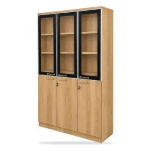 3-Door Bookshelf with Black-Frame Glass Doors in Jamali (camel) - office furniture in Jeddah