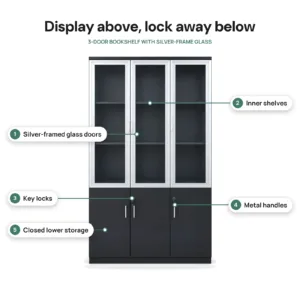 3-Door Bookshelf with Silver-Frame Glass features: silver-framed glass doors, inner shelves, key locks, metal handles, closed lower storage