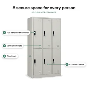 CC-L3-B2 6-Door Steel Locker features: pull handle with key lock on each door, ventilation slots, steel body, 6 compartments