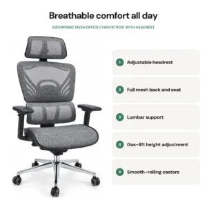 Ergonomic Mesh Office Chair RT8021 with Headrest features: adjustable headrest, full mesh back and seat, lumbar support, gas-lift height adjustment, smooth-rolling castors