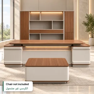 Executive Desk Set Walnut & Cream with Bookcase in a modern office, chair not included