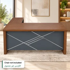 L-Shaped Office Desk 050 Walnut & Grey in a modern office, chair not included