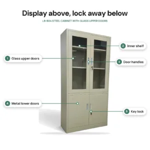 LB-B04 Steel Cabinet with Glass Upper Doors features: glass upper doors, inner shelf, door handles, metal lower doors, key lock