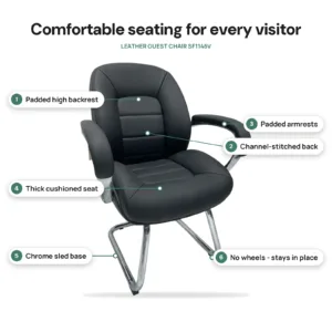 Leather Guest & Waiting Chair SF1146V features: padded high backrest, channel-stitched back, padded armrests, thick cushioned seat, chrome sled base, no wheels
