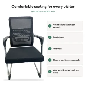 Mesh Visitor Chair SFZV-B909 features: mesh back with lumbar support, padded seat, armrests, chrome sled base, no wheels, ideal for offices and waiting areas