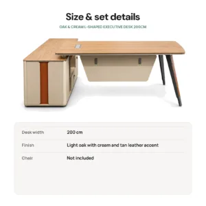 Oak & Cream L-Shaped Executive Desk 200cm size and set details