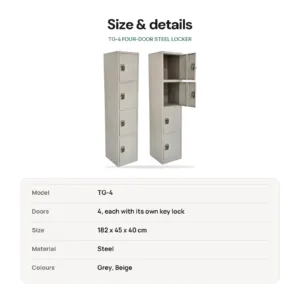 TG-4 Four-Door Steel Locker size and specifications: 182 x 45 x 40 cm, colours Grey, Beige