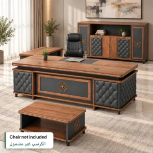 Walnut & Grey Tufted Executive Desk Set in a bright modern executive office