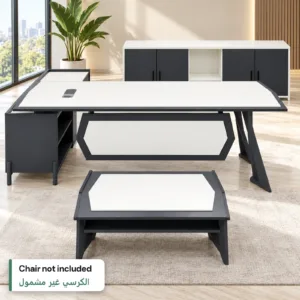White & Grey L-Shaped Executive Desk Set 220cm in a modern office, chair not included