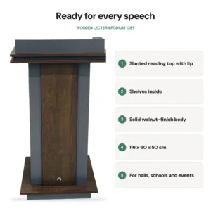 Wooden Lectern Podium 1289 features: slanted reading top with lip, shelves inside, solid walnut-finish body, 116 x 60 x 50 cm, for halls, schools and events